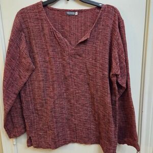 Earthbound Trading Co Textured V Neck Long Sleeve Tunic Top Burgundy M